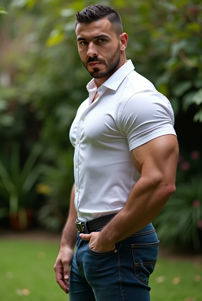 An illustration of a Greek god with a muscular build and a short beard., HdR., Styled in modern western attire., Profile,. He has a diferent color shirt and diferent colors jeans, strong and muscular legs, big lump .. real, realistic expression is confident and charming..............short hair.............., with a hint of a smile. The setting is Delphi, with white flowers..........................., evoking a classic cold atmosphere, without ceasing to maintain the powerful and regal aura of the god.ojos perfectos,
Big ass, pelo corto , nalgon, close up
