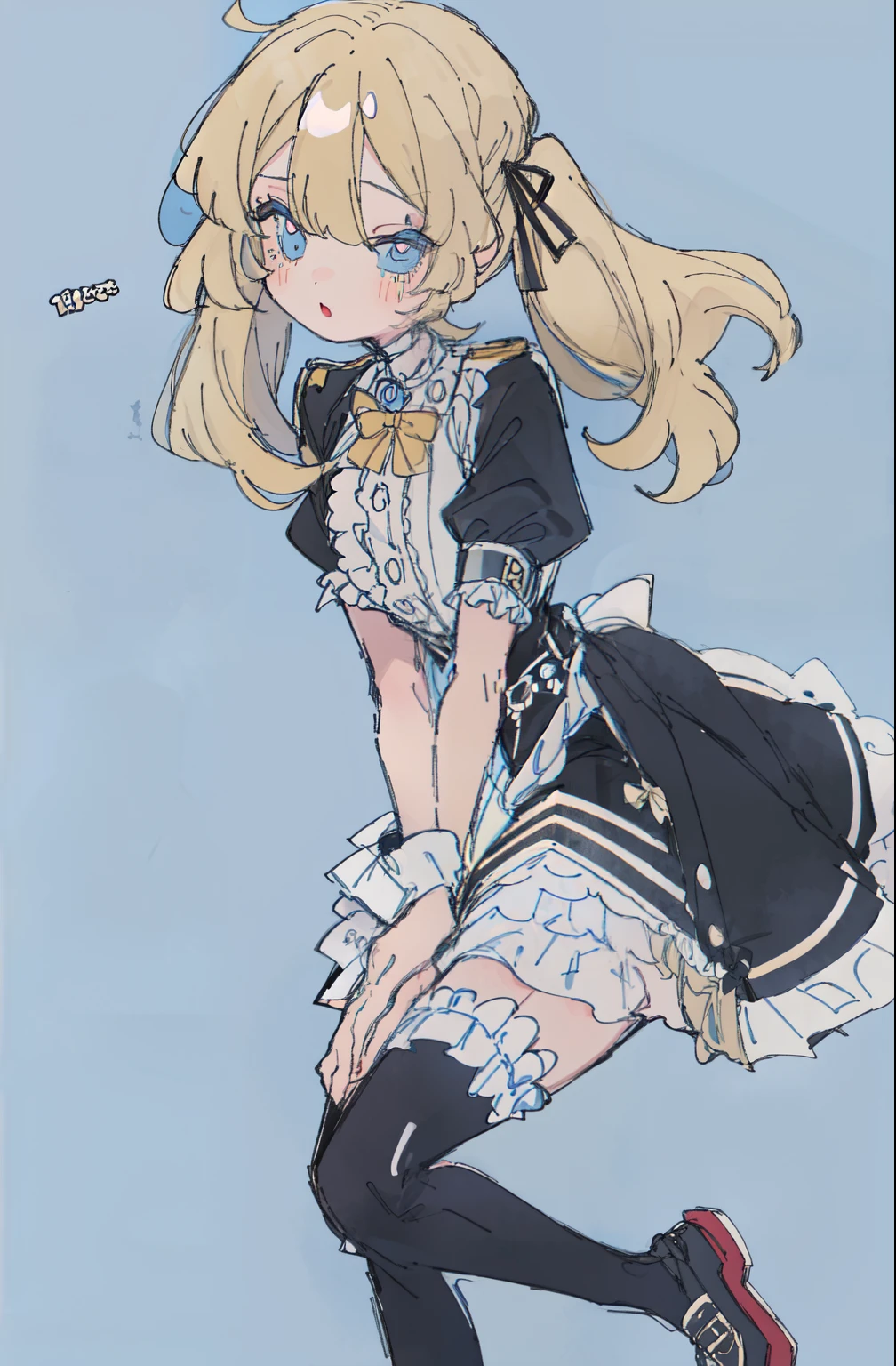 1girl, twintails, blond hair, sidelocks, blue eyes, long hair, ****ta fashion, dress, thighhighs, black dress, frills, short sleeves, (frilled dress:1.2), hairband, neck ribbon, detached sleeves, shoes, arm warmers, mary janes, socks, frilled sleeves, over-kneehighs, wariza, looking at viewer, bow, solo, full body, simple background, white background, gothic ****ta, striped clothes, black footwear, striped thighhighs, goth fashion, black ribbon, frilled hairband, tony taka, masterpiece, best quality, very aesthetic, absurdres