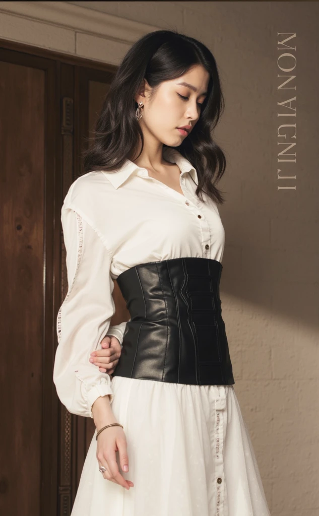 1lady standing, /(casual shirt/) (black pencil skirt:1.1) /(id card lanyard/), mature female, /(brown hair/) bangs, moaning, lips apart, blush, sexy, (masterpiece best quality:1.2) delicate illustration ultra-detailed BREAK /(modern office indoors/), window skyscraperllgag ,bondage (Shibari,hands tied behind back:1.5), (Shibari:1.21),Tied up