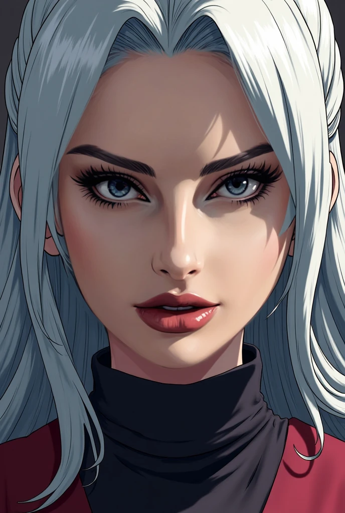 Naruto Shippuden manga panel, mujer adulta, long white hair, brown eyebrows , eyes red as blood