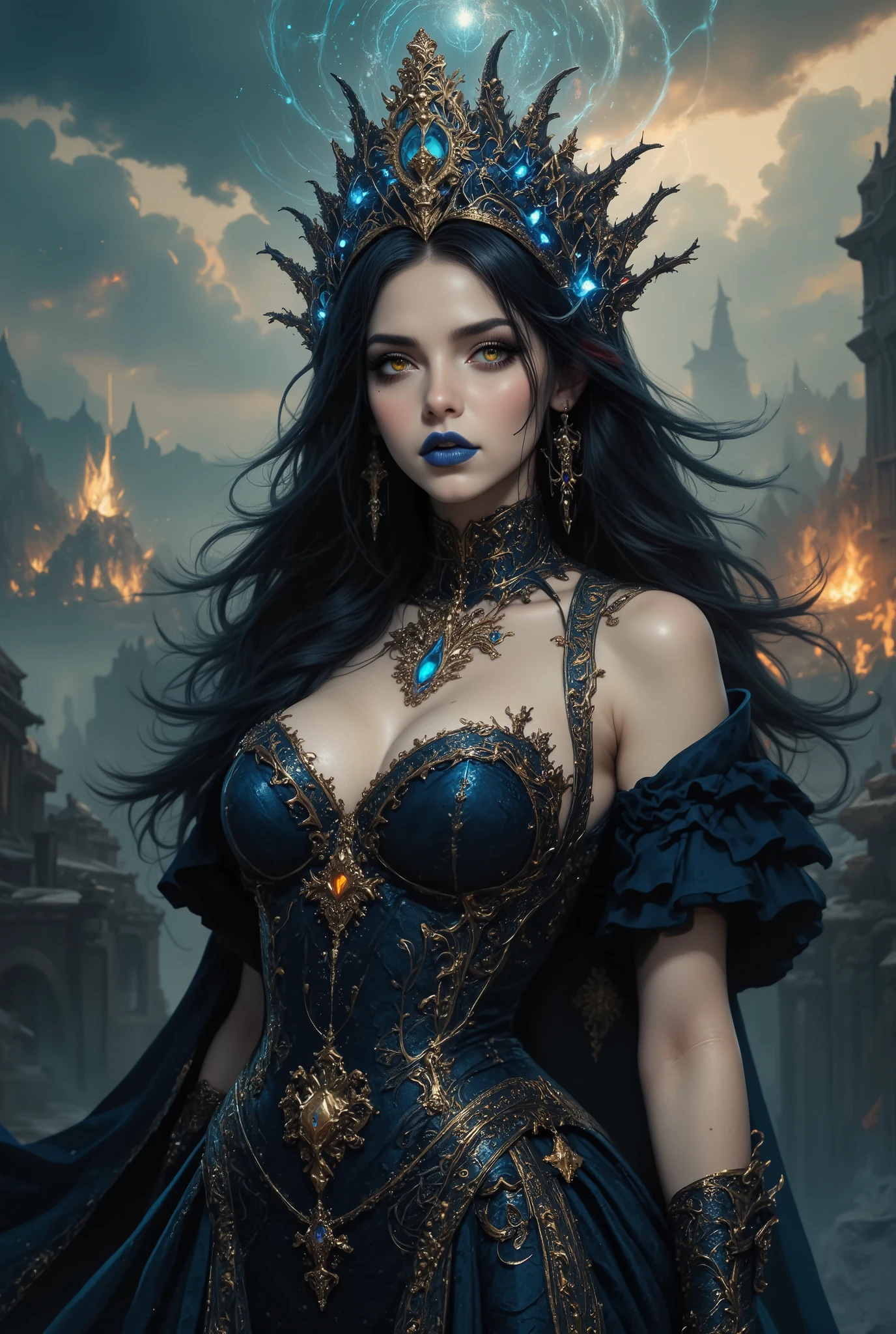 beautiful girl, Black Long Hair, Black Queen, Accessories, Ultimate Magic Activation, The End of the World, The Witch Queen of the Future, golden eyes, blue lipstick, vivid colors, (best quality,4k,8k,highres,masterpiece:1.2),ultra-detailed,(realistic,photorealistic,photo-realistic:1.37),fantasy,portrait,concept art,dramatic lighting,glowing eyes,intricate details,dark fantasy,cinematic,dark magical girl,elegant,regal,powerful,dynamic pose