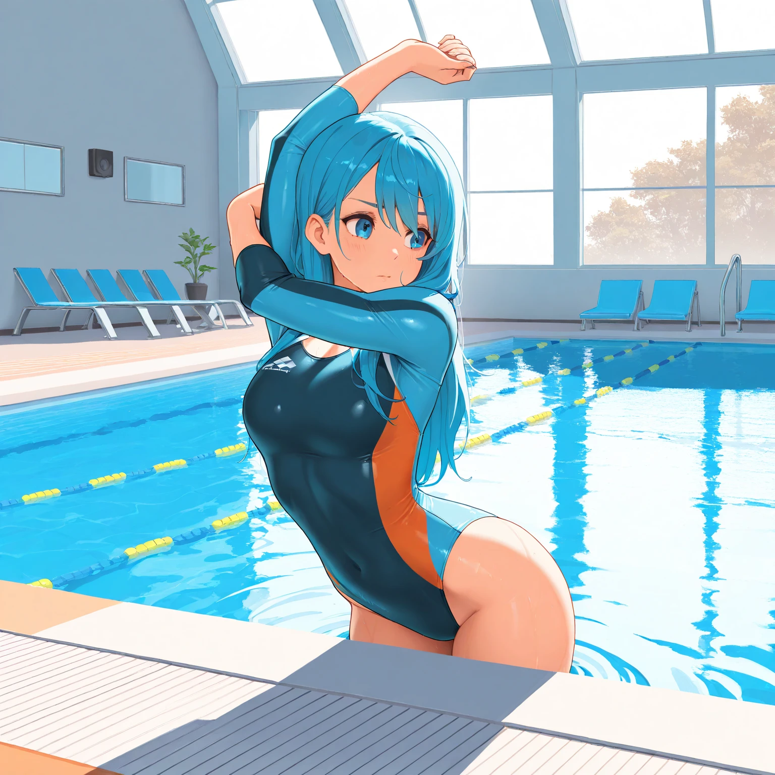 White Beret, (((Flat Chest))), camel toe:1.4, Sweat, (((long gloves:1.3))), brown loafers, black calf length socks, Open your thighs wide to the left and right, squat on the ground, show off your crotch to the viewer, ((Latex Swimsuit:1.3)), sit, spread your legs:1.3, arm behind head )), 12 years old, absurdists, Light blue long hair, flat lighting, elevation angle, sexy pose, highest quality, Complex, surreal, perspective, very detailed, detailed background, shape, 1 girl, alone, small breasts, light smile, Blue Eyes, embarrassing, blush, (((Pool side))), (Sweat),