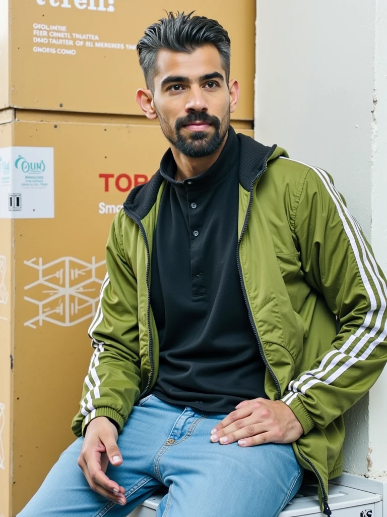((best quality)), ((masterpiece)), (detailed), perfect face 1man with a white hoodie, black pants, good physique, with a light skin color, with super light brown eyes, smiling, sharp jaw line, medium wavy dark blonde haircut, big city back round