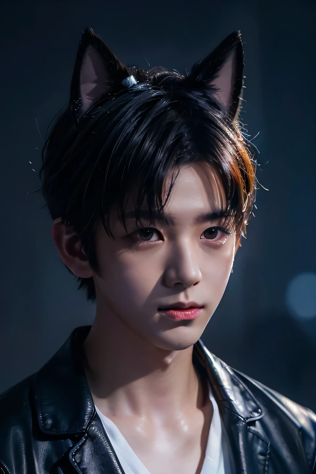 (professional lighting and shadows、 silhouette:1.33)、1 male、8K、Highest quality、 masterpiece、、(realistic skin texture:1.1)、(Dog Ears:1.4)、short hair、(( night city、neon lights))、shot from above