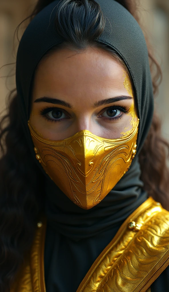 A Muslim woman who is extremely elegant and intelligent, who is also a warrior
On her armor put letters AZ and use golden and glassy white colors, the character is anonymous so use a golden mask on her armor and hide her face completely, this armor looks feminine and peaceful, use a white atmosphere on the background and make sure to put AZ letters on the armor , hide her face completely, use a Lebanon flag and iran flag on her armor too, not the colors but the signs only