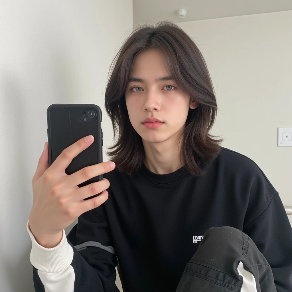 Real person Chinese 20-year-old handsome guy taking a selfie sitting in a chair with his mobile phone