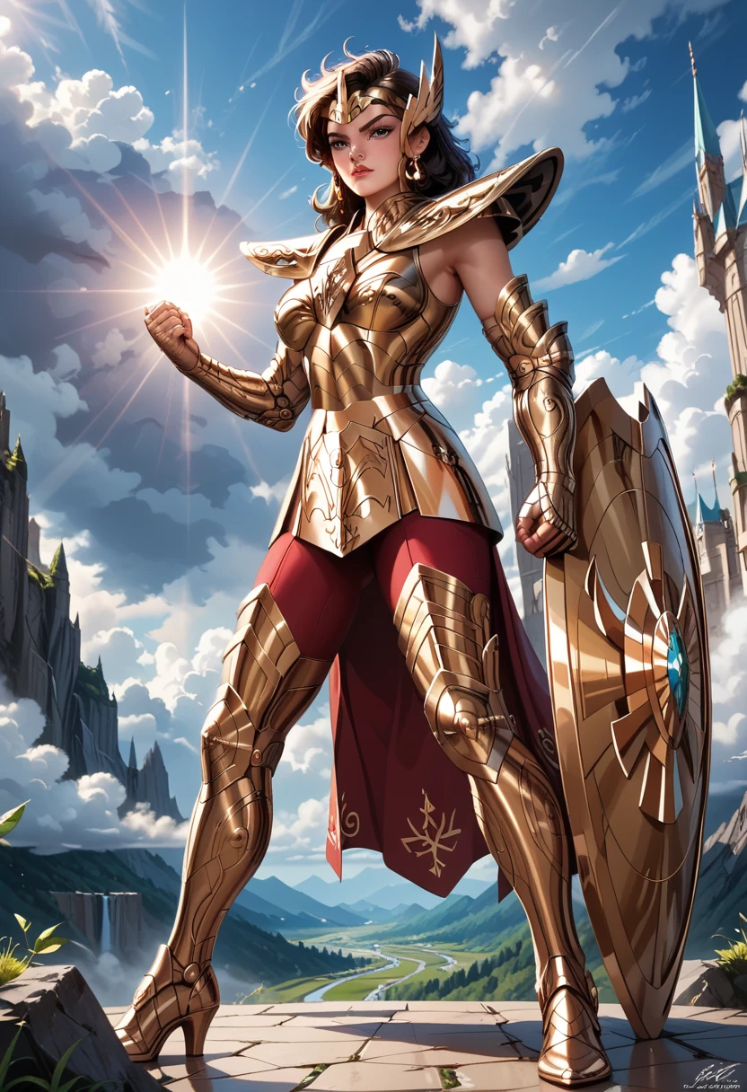 ((best quality)) , ((masterpiece)) , (detailed),a woman in armor holding an arrow, in the style of light blue and green, dark brown and orange, realistic yet fantastical, dark brown and gold, detailed and intricate