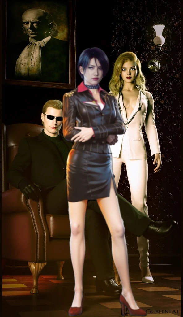 1man, ((((solo)))), ((blonde hair, hair over shoulder, furrowed brow, amber eyes, fedora, tall, pale white skin, round red lens glasses, beige suit, manly face, smoking cigarette)), (he is with four beautiful and sensual women by his side sitting on a luxurious bed, a red-haired woman, a black-skinned woman, a woman with blue Pixie hair,  a fringed brunette: 1.15). UHD