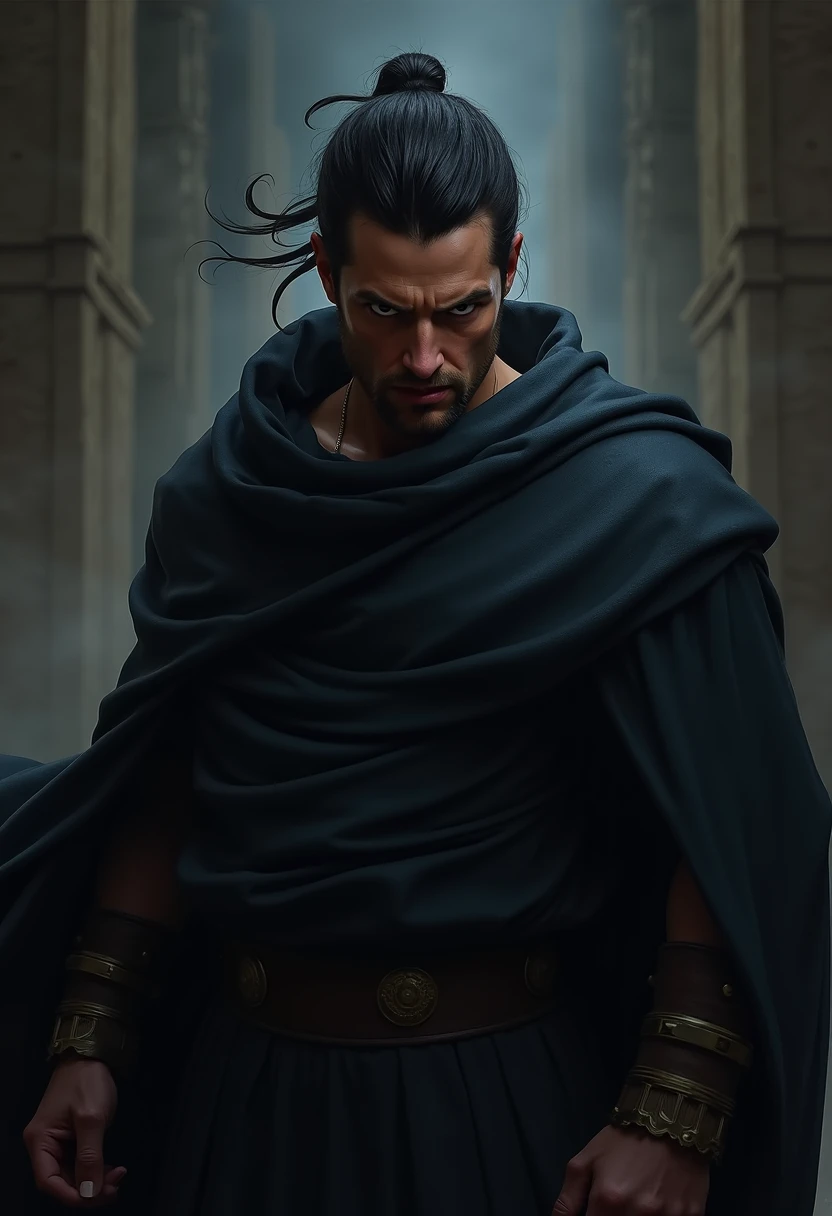 A athenian man wearihg a black cape. He has a black hair and it is pinrowed. The looks on his face is like angry with jealousy 