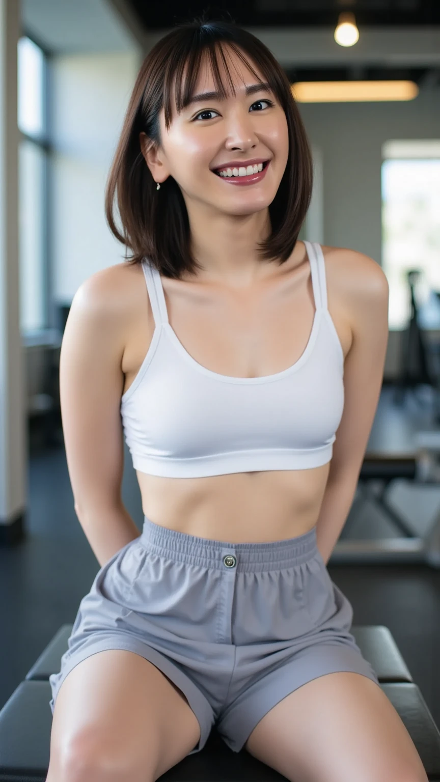 Portrait from a head to knees, ((masterpiece)), ((Highest quality)), photograph, reality, high resolution, Advanced Depth of Field, Realistic lighting, skinny 35-years-old Japanese woman, Delicate features, long hair, slender body, small and soft breasts, thin waist, Round buttocks, correct body anatomy, Sexy lips, A charming smile, detailed face, detailed eyes, wearing a white sports bra that accentuates the roundness and softness of your breasts, Tight grey leggings, Between the legs, Realistic background and accessories, leaning against the wall