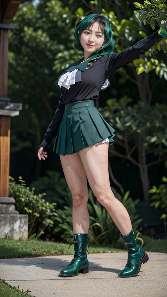 Jump in the forest,Holding a bow and arrow,Wear a green bandeau,green miniskirt,Close-up of a girl with short hair holding a bow and arrow,Full body close-up,Jump into the air,up in the air,Jumping action,Smile of victory