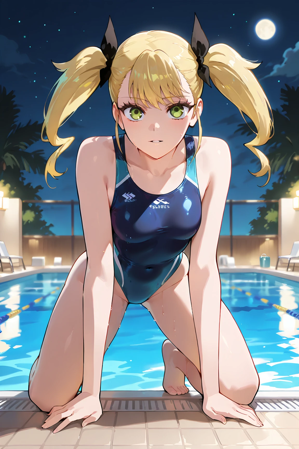 highest quality、master piece、very detailed、(1 girl):1.4、(Futuristic competitive swimsuit)、(Golden hair):1.3、twin tails、ショートtwin tails、(dark blue eyes):1.1,(Futuristic, Tight Fit Bodysuit)、indoor pool background