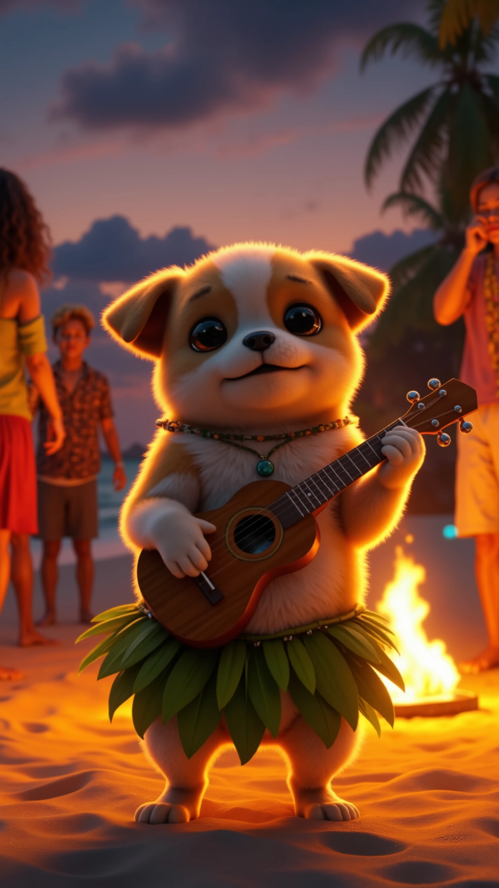 chubby dog, standing on two paws, banana leaf skirt, holding ukulele, beach luau At night., several people, burning fire behinde the dog, 4K, high quality, highly detailed, photorealistic, professional lighting, vivid colors at night, dynamic composition, tropical landscape, sunset lighting, warm color palette, cinematic mood