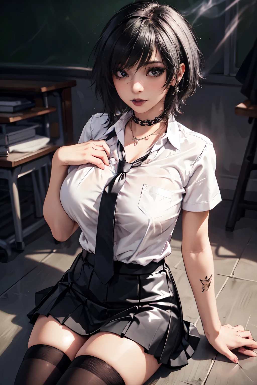 1girl, woman, emo_hairstyle, black lipstick, dog collar, eyeliner, eye shadow, smoky eyes, realistic lighting, half open white business shirt, school skirt, black thighhighs, smug, smirk, short hair, flat chest, shiny skin, flirting with boyfriend, looking attractive.