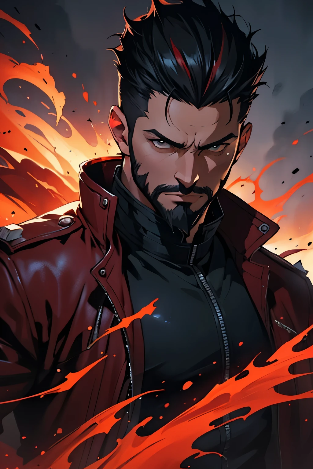 1 man, old man, upper body shot, a man casting fire, eyes glowing red, black sclera, crimson eyes, white skin, short beard, muscular, hunk, curtain hairstyle, black hair, shoulder long hair, turn head pose, hades style, dragon warrior, mythical fire, red scales, claws, fantasy world, red dragon, best quality:1.2, masterpiece, high resolution:1.2, big bright green trench coat, black shirt, cargo pants, high camera angle, contrast shadow, contrast lighting, flat style, game card pose