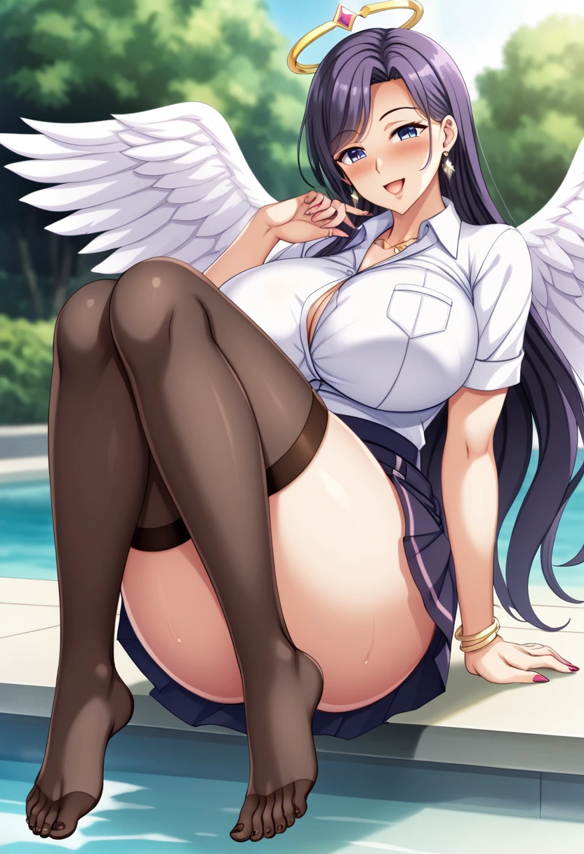 (pussy),{pussy spread},((knees to chest)),((leg hold, folded))、After being attacked、((track jacket))、Smile full of happiness,Sweating、Expression in a state of excitement、((poneyTail)), (black hair),Red Eyeshadow,Red Eyeliner: 1.2, (Black wings), looking at the camera, Smile full of happiness,(gigantic breasts:1.2),((Long Breasts:1.3)), halo