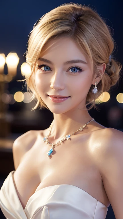 (((masterpiece)))、((Highest quality))、((超Realistic))、bride、wedding、Luxurious floral dresses、Light clothing、necklace、Formal Wear、night景、illumination、blue eyes、blonde、short hair、Hair tied up、Full body photo、Sexy Face、short hair、 A look of complete lust、Mature Woman、perspective、Very detailed、The perfect temptation、Best image quality、Fine-grained image quality、beautiful、European women,Italian women, smile、blue eyes、jewelry, Realistic, High resolution, Glowing Skin, (Detailed face), night, blonde, Wavy Hair,attractive appearance, smile,Japanese women、C cup