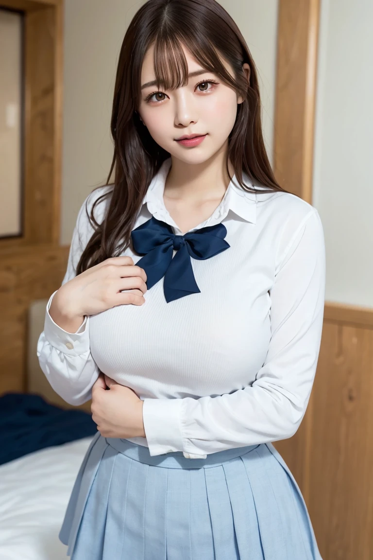 top-quality,ultra-detailliert,​masterpiece,realisitic,Photo Real,Bright lighting,1 girl in, The most beautiful 16-year-old girl in the world, (kawaii:1.2),Thin smile, (Brown eyes),(brown haired),(bangss),perfect glossy skin,flawless skin,((erotick,Sexy and sexually explicit)),((accurate hands without incongruity)), large full breasts,big breasts thin waist, Look at viewers,((a sailor suit)),((Short sleeve uniform white shirt)),(red necktie),(Blue Mini Pleated Skirt),(((skirt lift by yourself))),(lifted by self),(Showing panties),panties on,panties focus,((Sit up,spread legswide)),