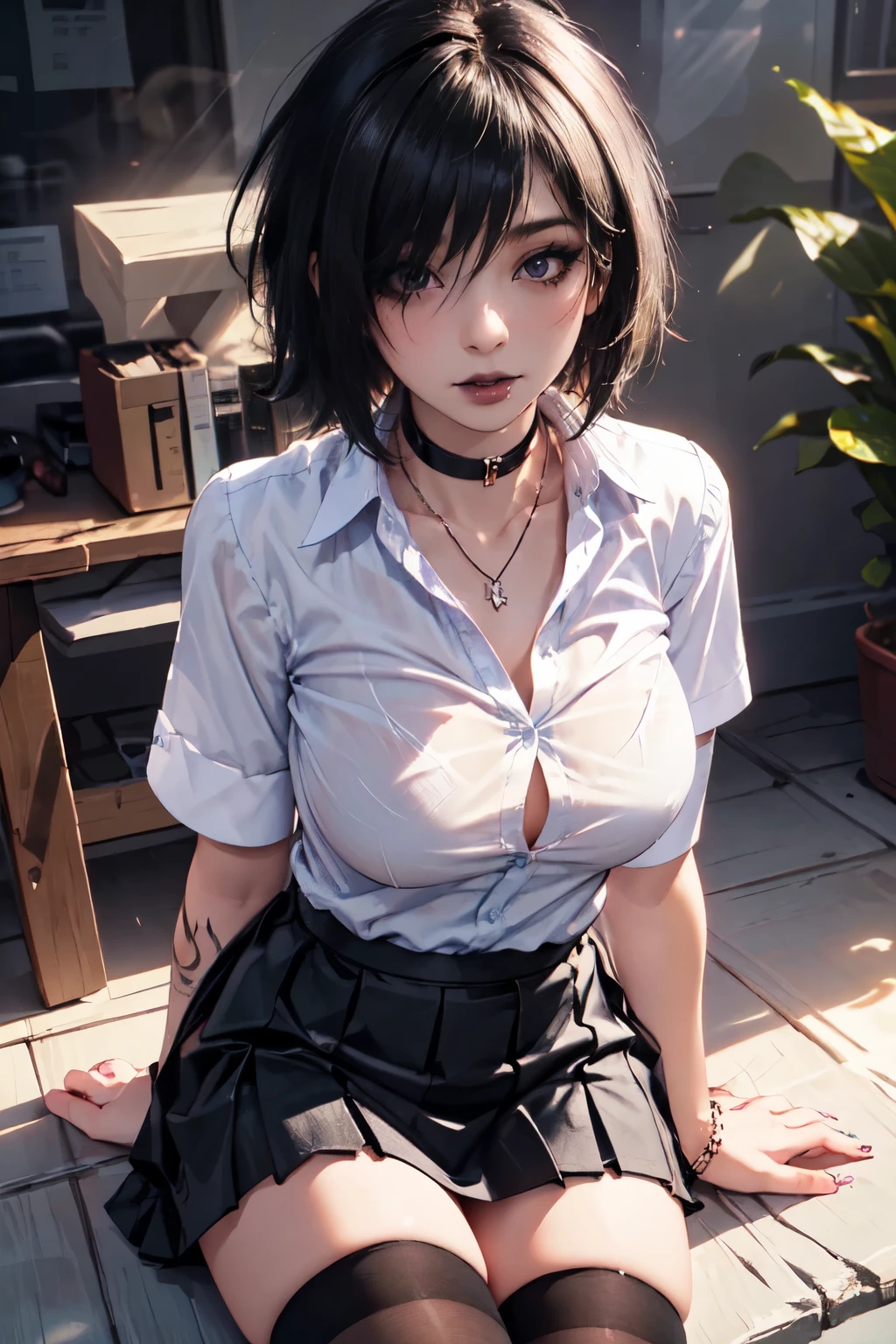 Girl, woman, emo_hairstyle, black lipstick, dog collar, necklace, eyeliner, eye shadow, smoky eyes, realistic lighting, tattoos, short hair, shiny skin, big breast, short skirt, rolled sleeves, (open business shirt:1.4), thighhighs. 