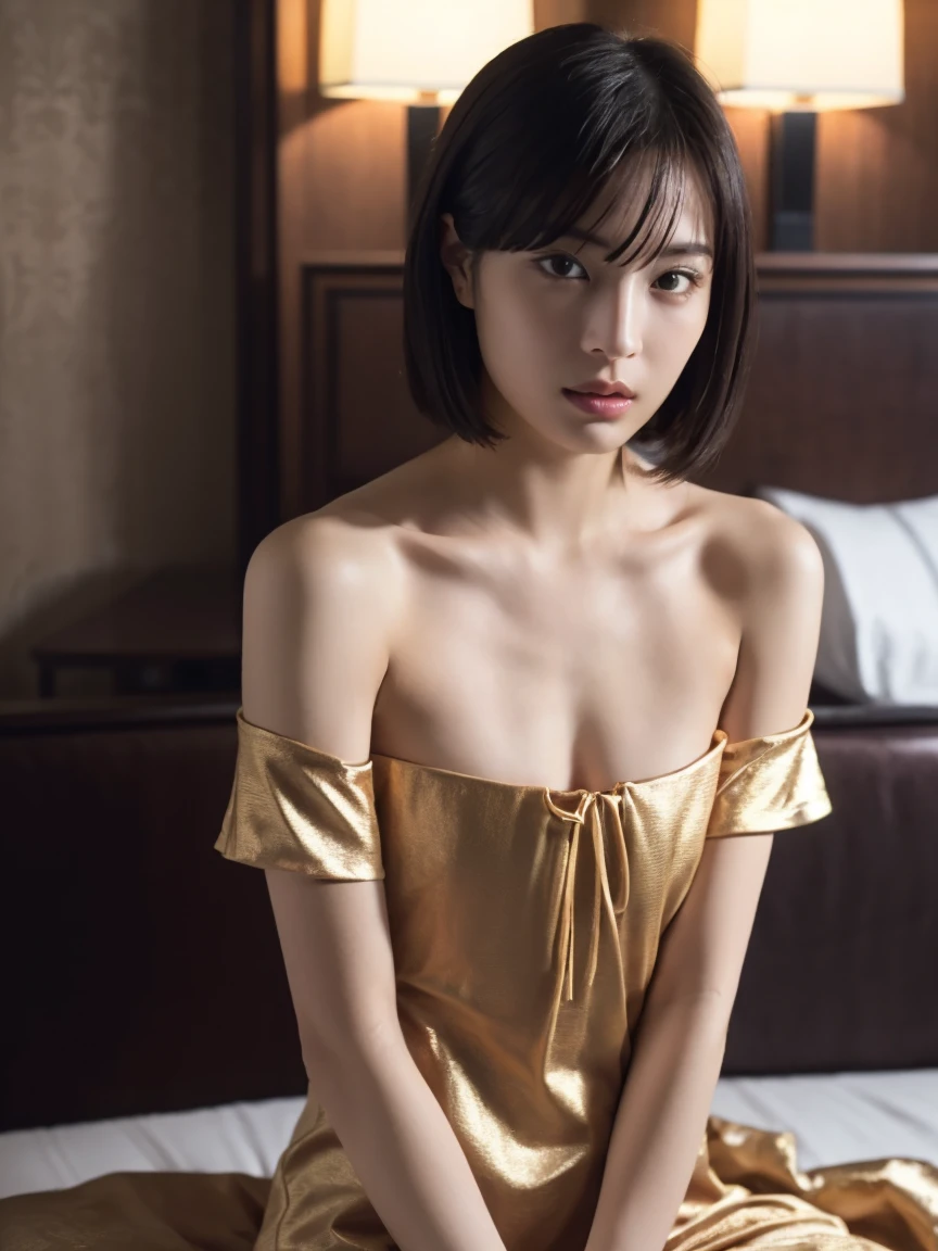 masterpiece:1.2, Very detailed, Ultra-high resolution, Realistic, photo Realistic:1.6, High-resolution RAW color photos, Professional photos, Sharp focus:1.2, Very detailed顔と肌の質感, Very beautiful eyes, Glossのある肌, Glowing Skin, Glowing Skin, Shining Face, Gloss, Oily skin, greasy face, Oily skin, greasy face,, real Glossのある肌 texture, Perfect Anatomy, Very detailed背景,(Ultra luxury resort),1 female,25-year-old woman, Japanese women,height: 168cm,short hair, Straight hair, bangs, Brown Hair,((Flat Chest:1.6)),Slender legs, (A super luxurious silk dress that is sexy, gorgeous, and elegant:1.6),((Disheveled clothes:2.0,naked:1.4)),Luxury earrings、Luxury Necklace