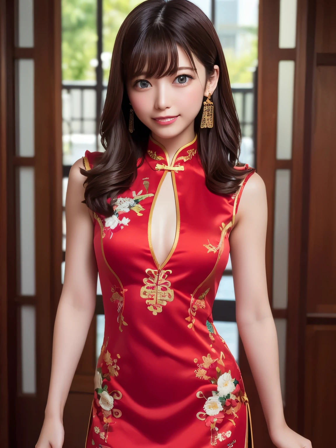 Red dress,Chinese clothing,china dress,brown hair, hair over shoulder, ponytail, grin, blush, Surrealism, Hyperrealism, Verism, wide shot, UHD, masterpiece, ccurate, anatomically correct, textured skin, super detail, high details, high quality, highres, 1080P, HD, 8k