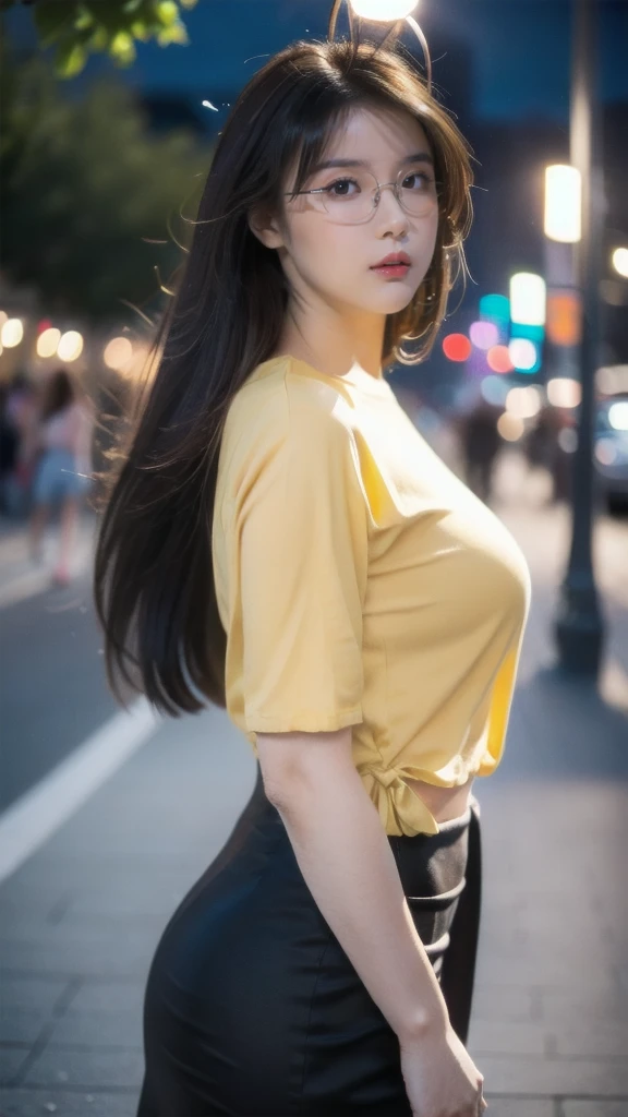 ((huge breast:1.1))、Glowing Skin、Oily skin, Glowing Skin、Shiny skin)、(Highest quality),(Very complicated:1.3), (Realistic), One Girl, Mature Woman, White, Green Eyes, Perfect Eyes, Perfect Iris, The perfect student, Perfect Lips,Perfect Nose, Perfect hands, Extremely elaborate hands, Perfect Fingers, Black Hair, Long Hair, Straight hair, Detailed professional photos of beautiful women, Sharp focus, Awards, Cinema Lighting, Blurred Background, ((Confident)), (Pause:Looking into the camera),(((Yellow tube top)))、((White short pleated skirt))、((full body))、((Cityscape))、smile、Healthy Thighs、(((Side view angle)))、((Raise both arms up))