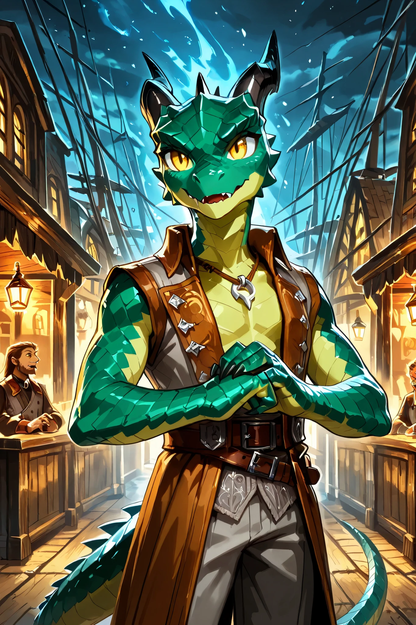 kobold, dragon tail, black horns, short stature, male, green skin, scaled skin, yellow eyes, bare chest, sharktooth necklace, wearing grey vest, grey breeches, cracking knuckles, standing outside a colonial town center near coast, night scene,(18th century clothes, pirate era clothing), (holding an concertina instrument with both hands), fantasy art, dungeons and dragons, close up, npcp