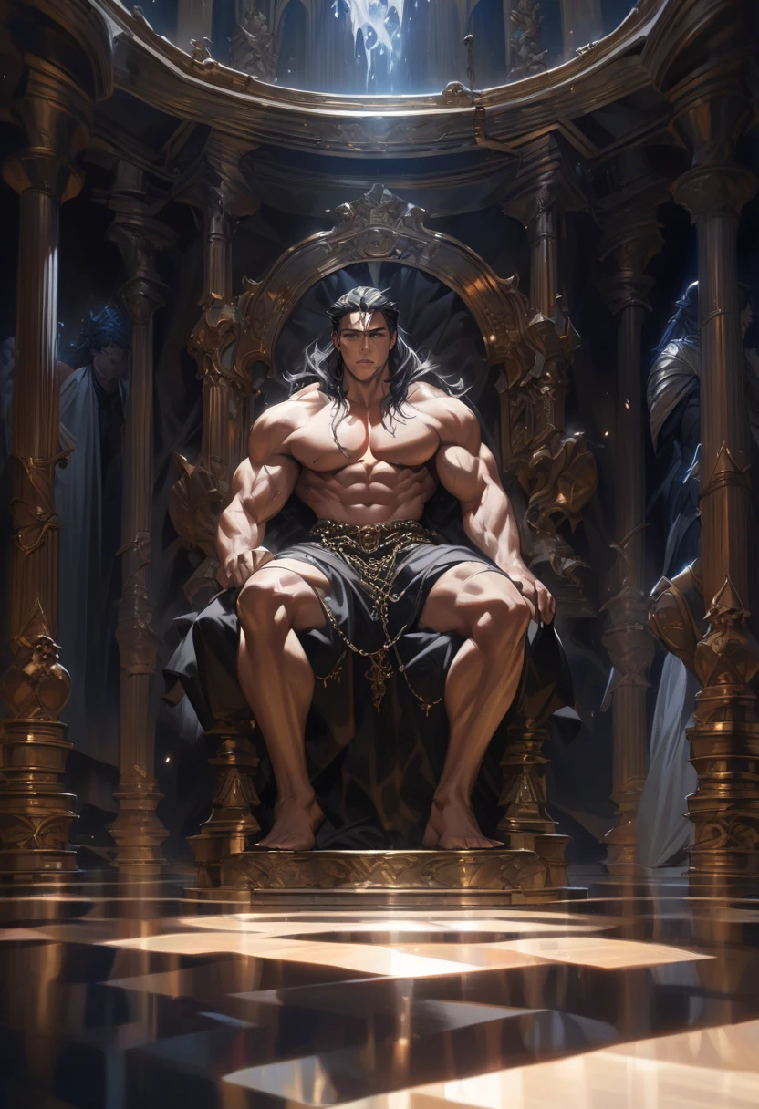 Realistic,Hot muscular Male concubine in the Han dynasty on his knees with legs spread apart, wearing ancient revealing Chinese dress with long hair and masculine features.Battle scars