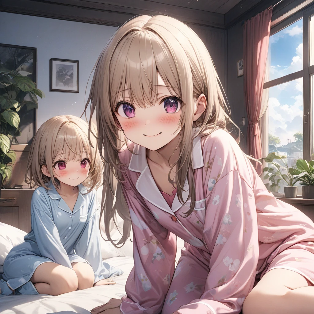 anime, best quality, ultra hi-res, high definition,超 high definition, Highly Detailed CG, 32K, masterpiece, Highly Detailed CG Unit Wallpaper, texture, unbelievably ridiculous, ultra high resolution, Photo,(2girls), 
BREAK,
a girl,black long hair:1.2、purple eyes:1.2,(embarrassed:1.2),small breasts,light pink oversized pajamas:1.2,noesode,thighs, 
BREAK,
another girl,beige short hair:1.2,red eyes:1.2,(smiling:1.2), small breasts,white oversized pajamas:1.2,moesode,thighs,  
BREAK,
bedroom,houseplants,blue sky from window,