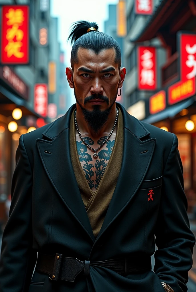 The portrait features a five-man Yakuza gang with tattoos of ancient Thai amulets. The backdrop is a Japanese city alley.