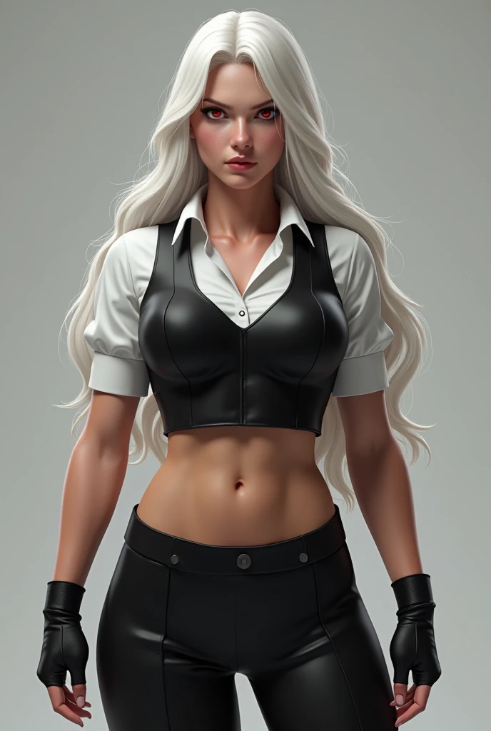 wavy silver hair that cascades to the middle of her back. Brown eyes. Slim and athletic build. She was wearing a black jeans. black military vest and low-cut white blouse. Weapon in a left arm. Very Busty.
