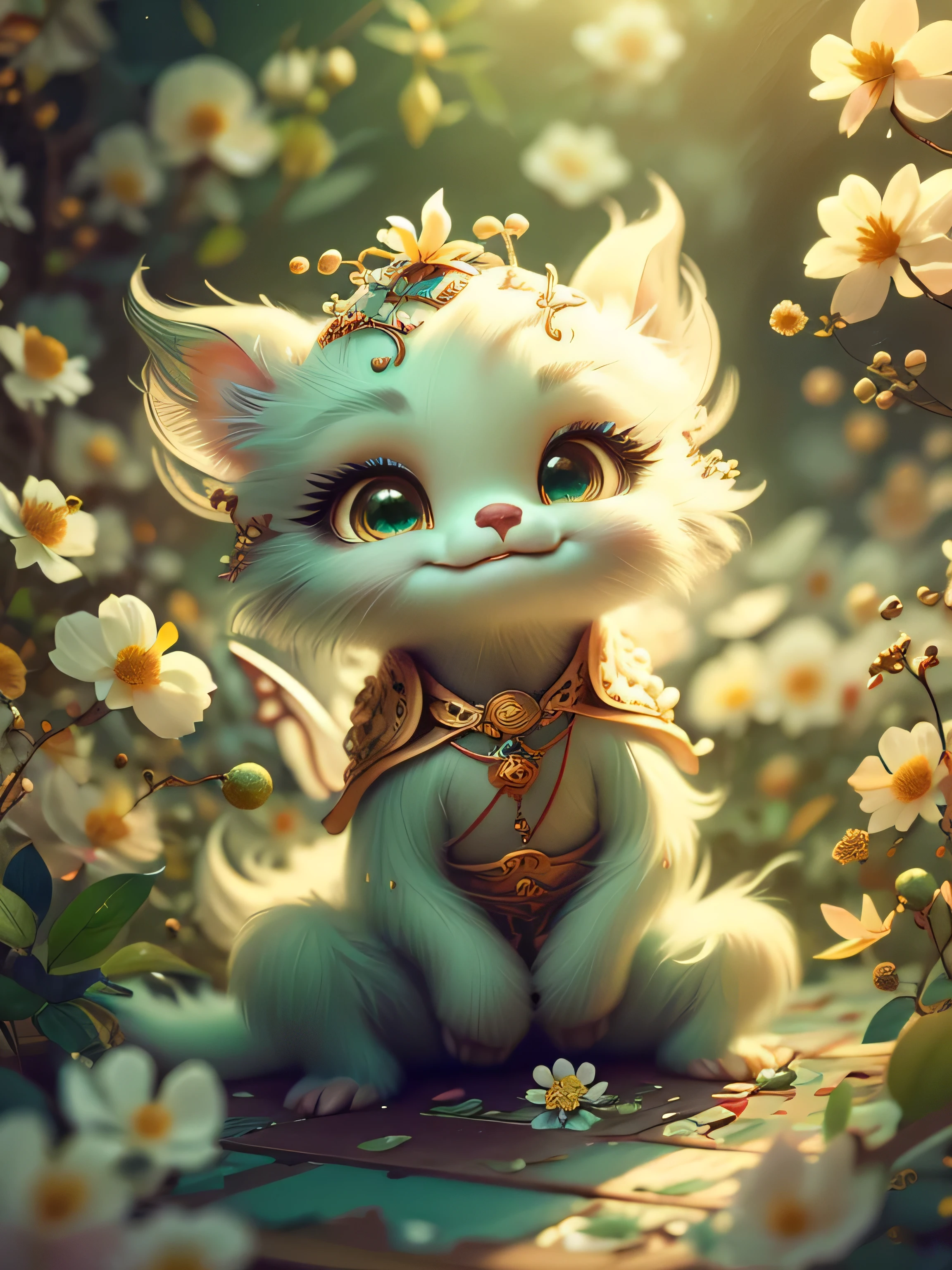 Mystical garden where white jasmine grows, best angle of a Very cute mythical graceful transparent anthropomorphic furry creature holds jasmine flower, thin arms, fragile thread legs, jasmine flower spirit, grainy, noisy, conceptual art, meaningful visual art, detailed painting, digital illustration, hyper-detailed fantasy art, 3d digital art, sharp focus, masterpiece, fine art