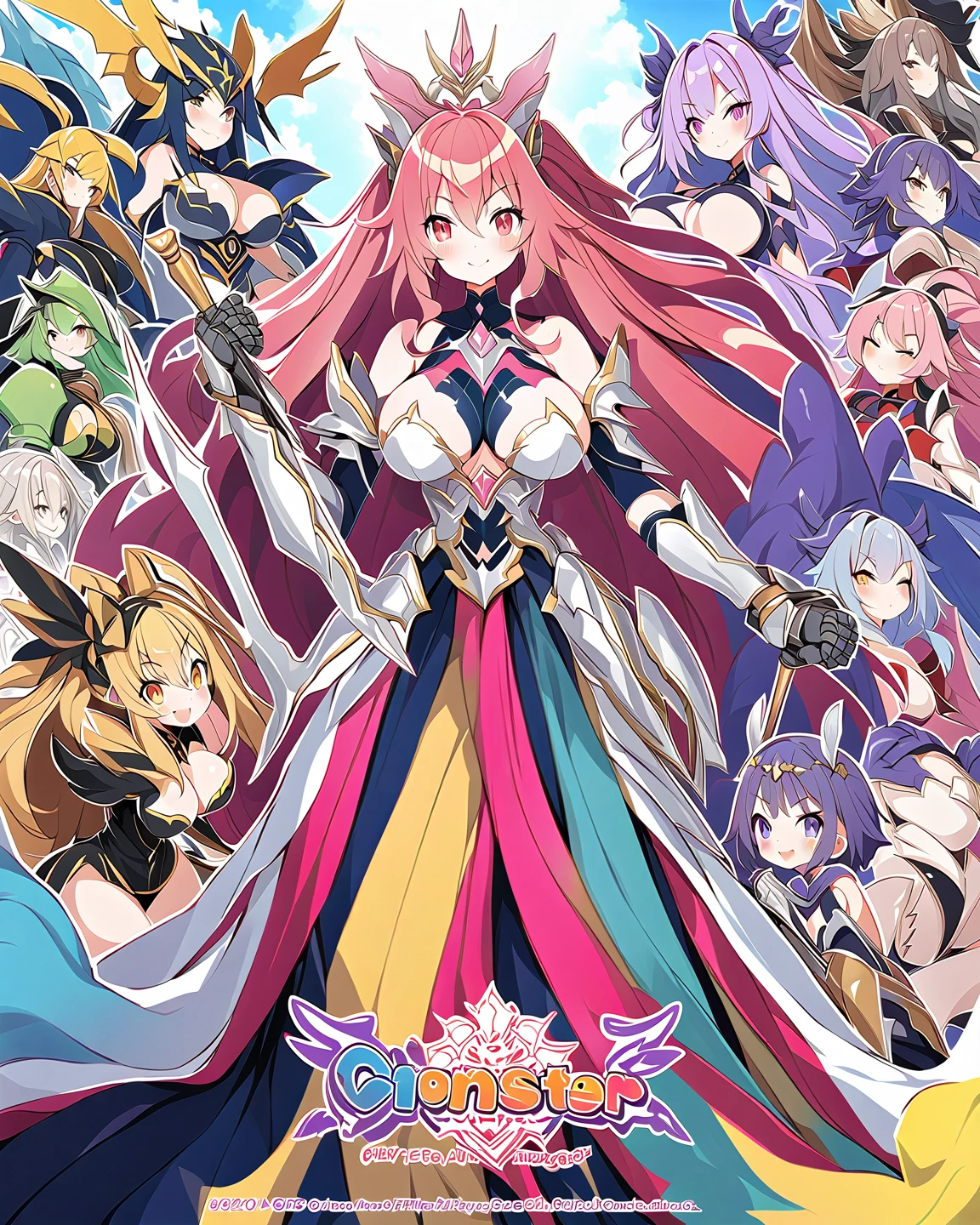 A smug narcissistic pink haired genie woman wearing a golden bra and pink puffy harem pants and lots of jewelry flaunting herself while being pleasured by a harem of girls wearing the same clothes as her