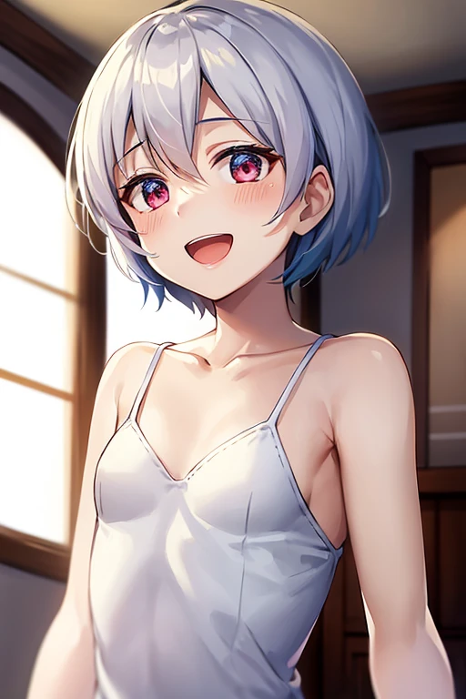 totsuka_almost_yahariorenoseishunlovecomewamachigatteiru grey_hair, short_hair, male_focus, blue_eyes, blush, smile, lingerie, lingerie , thick thighs, saliva, drooling, blush, excited, semen on the body, flat chest, arms behind the back 