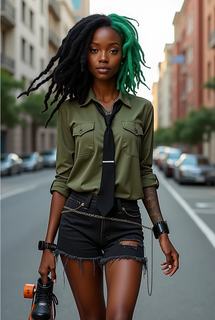A mulatto woman with a rounded nose and mouth, extroverted, straight and green hair. She wears a white t-shirt with a black tie and suspenders