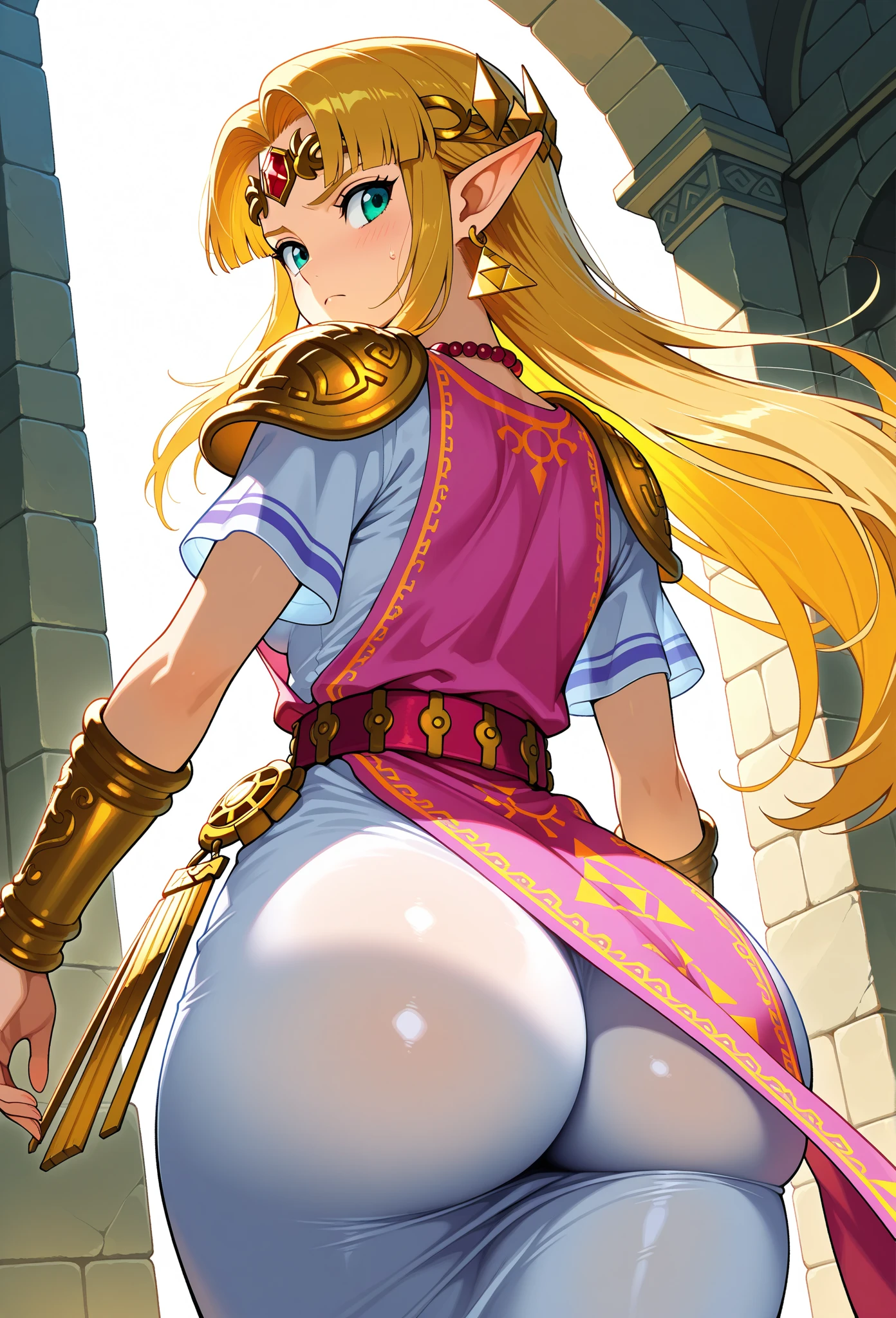 Link_(breath_of_the_wild), link, gerudo link, gerudo, gerudo outfit, veil, blonde_hair, pointy ears, crossdressing, otoko no ko, trap, femboi, squatting, partial nudity, from_above, 2boys, yaoi, huge penis, large penis, pov, handjob