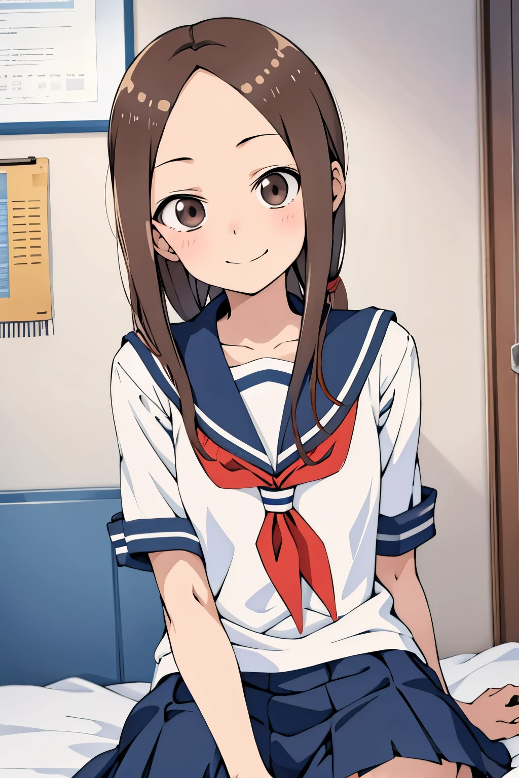 (Takagi)
upper body: sailor suit
lower body:navy blue miniskirt
Subject size:maiden
backgrounds:bedroom
Time :daytime
expression : smile
Posture :Sit on the bed
others:
