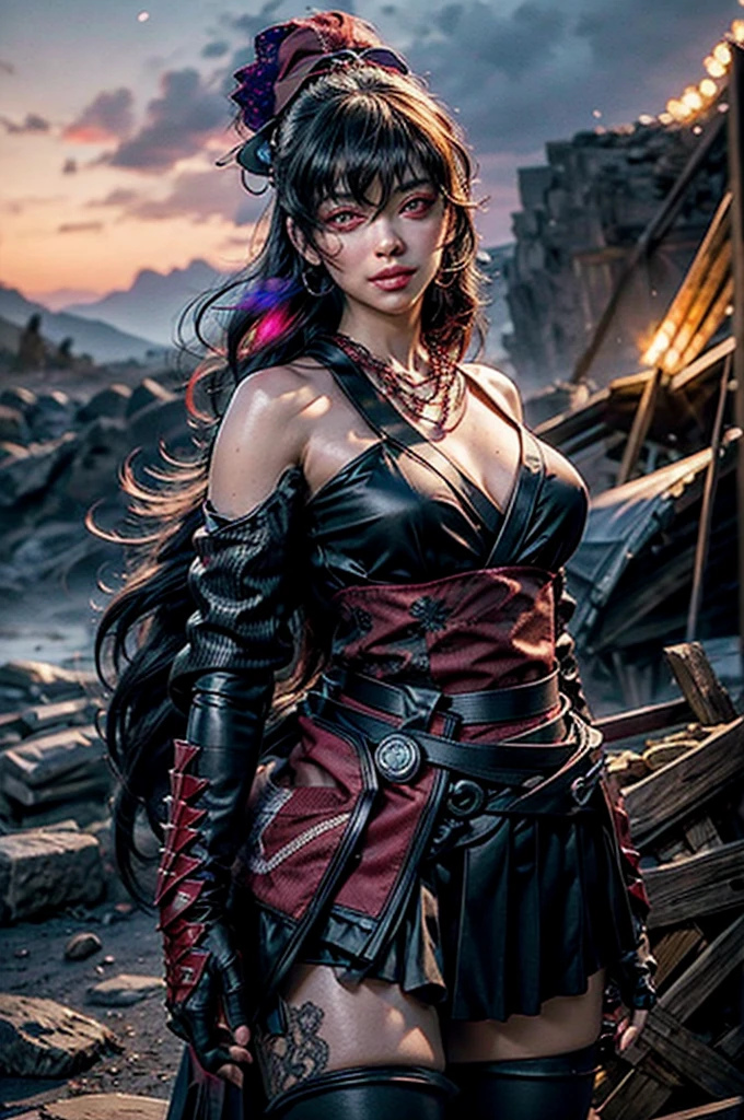 raven branwen, stunning girlfriend, (standing:1.1), dynamic pose, heart shaped face, elegant face, beautiful face, highly detailed face, highly detailed skin, skin pores, subsurface scattering, realistic pupils, loving smile, looking at viewer, full face blush, full lips, detailed background, depth of field, atmospheric perspective, volumetric lighting, sharp focus, absurdres, realistic proportions, good anatomy, (realistic, hyperrealistic:1.4), 16k hdr, 1girl, bangs, black_hair, black_kimono, breasts, flower, hair_between_eyes, hair_flower, hair_ornament, japanese_clothes, thighhighs kimono, long_hair, multicolored_hair, obi, red_eyes, red_hair, sash, outdoors, evening,  standing at cave entrance, underground river, rocks, 