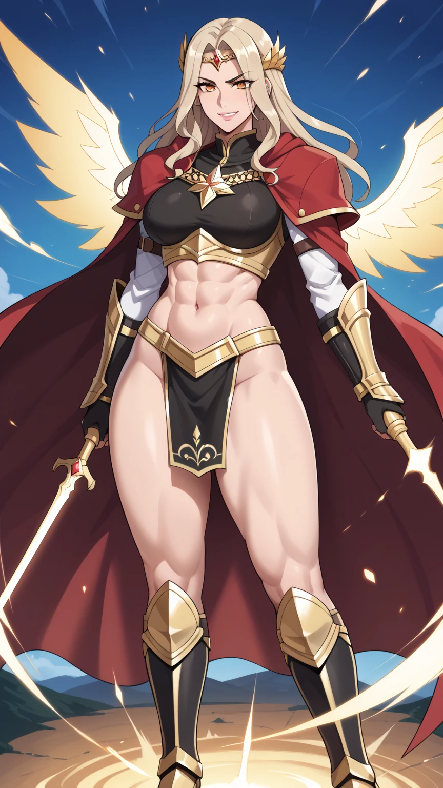 Masterpiece, (flat black background:1.2) solo, detailed face, intricate iris, thick lips, robot girl, (gold and white skin), realistic illustration of a (cyborg girl),(RED eyes),IvoryGoldAI,(freckles),(holding BREATHTAKING:1.2), (gold and white armor:1.2), (looking at viewer:1.2),parted lips, standing straight symmetrical, looking at viewer, lustful smirking smile face red blushed red cheeks, thick thighs, thighhighs, thigh, boots, armor, armored boots, full body armor, bikini armor, big breastplate, pauldron, bracers, leather black choker, tiger claws gloves, short bob white haircut, helmeted, metal shoulders, red long loincloth, longest blue cape reach to the waist, shackles and chains wristbands