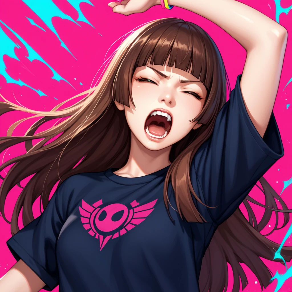 Young girl, long black hair, brown eyes, t-shirt, sports shorts, rage, fighting stance, masterpiece, high quality