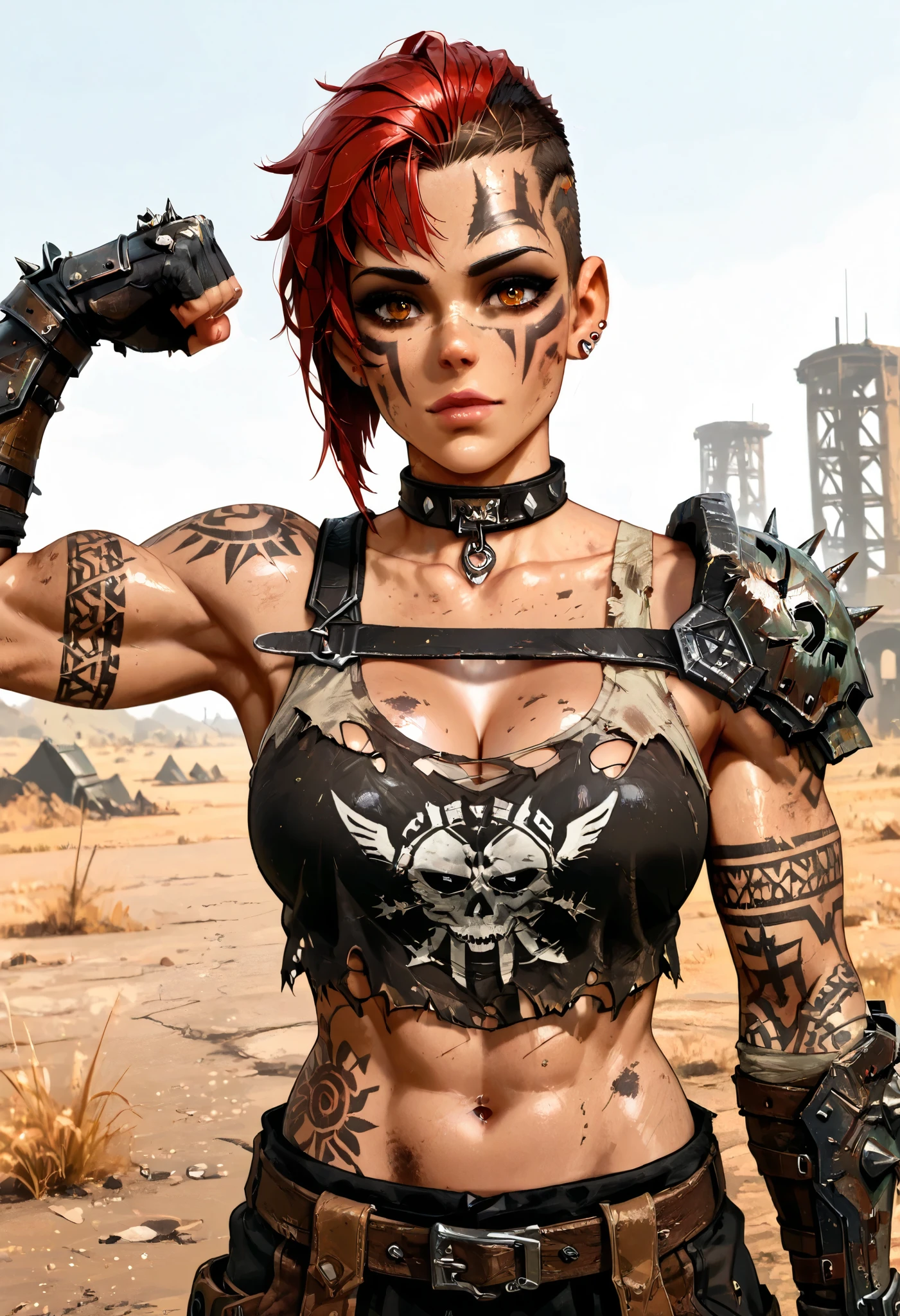 ((( whole body ))), master part, best quality , super detail beautiful woman, Tank Girl com cara de maluca, whole body, redhead Asymmetric Undercut Haircut hair, punk girl, post-apocalyptic world, torn and dirty clothes , Asymmetric Undercut Haircut, sides of shaved head, Clean face with dark make-up, tribal tatoos on body, raider outfit from fallout, raider girl, piercing, face paint,makeup, shirt,midriff,collar,armor,collarbone,gauntlets,bare shoulders,single pauldron,(underboob:0.65), standing, cleavage,looking at viewer, flexing,from below, outdoors, wasteland, Toned raider girl, amber eyes, raider attire, raider girl from fallout, dark make-up, tribal tattoos