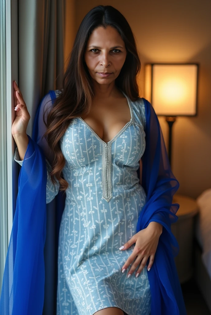 RAW photo,dark,moody,hazy atmosphere,35mm focal lenght,underexposed,cold,candid photograph,artistic,full body,photo of a beautiful,high-society,rich,elegant,30yo Iranian woman,detailed skin,naked,Kaftan, looking at viewer, thick body structure,grey background,no background, candid pose,dim room,blue light, film grain, kodak color, instagram LUT