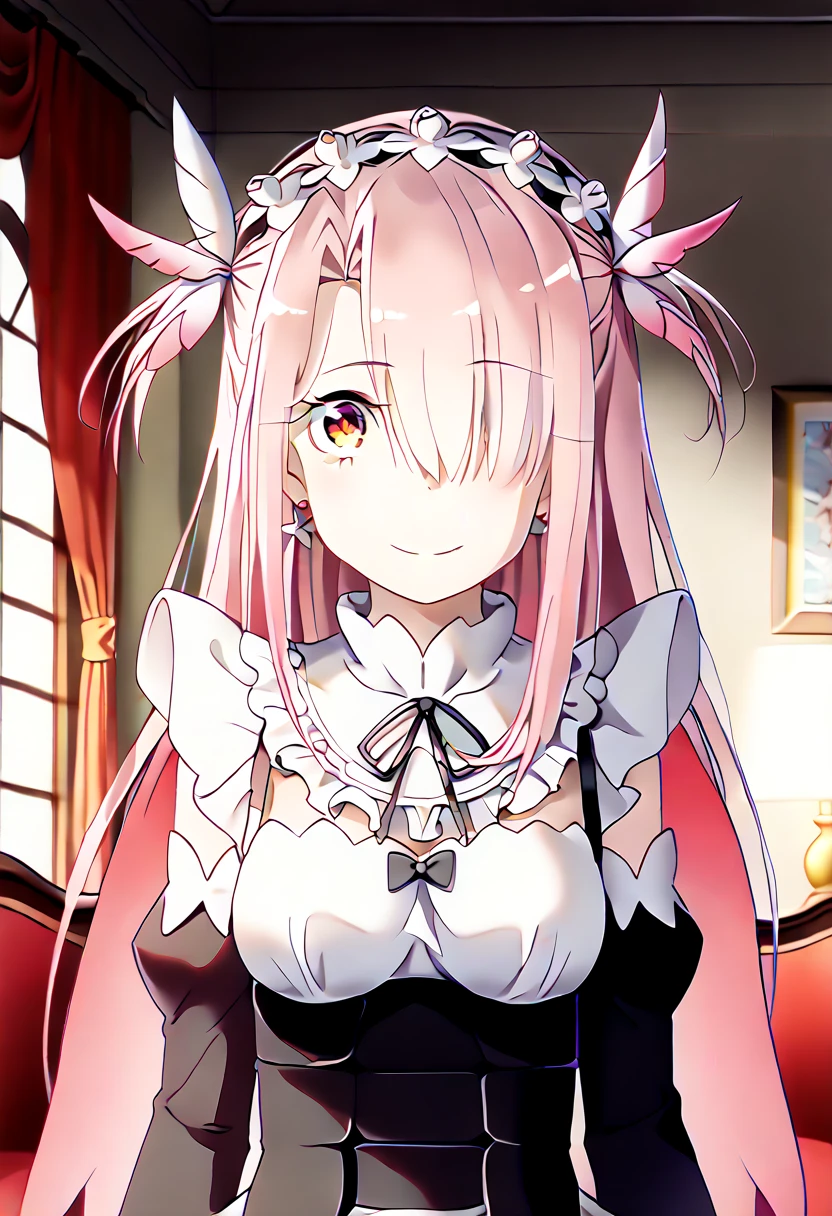 nsfw:1.1,Masterpiece:1.3,Detailed and beautiful depiction 1.3,Official Art,Beautiful adult woman ,Megurine Luka,Pink long hair,blue eyes,Large Breasts,Erotic smile temptation,Maid clothes,Embarrassed, she lifts her skirt to reveal her black shorts,(Show your vagina),bedroom