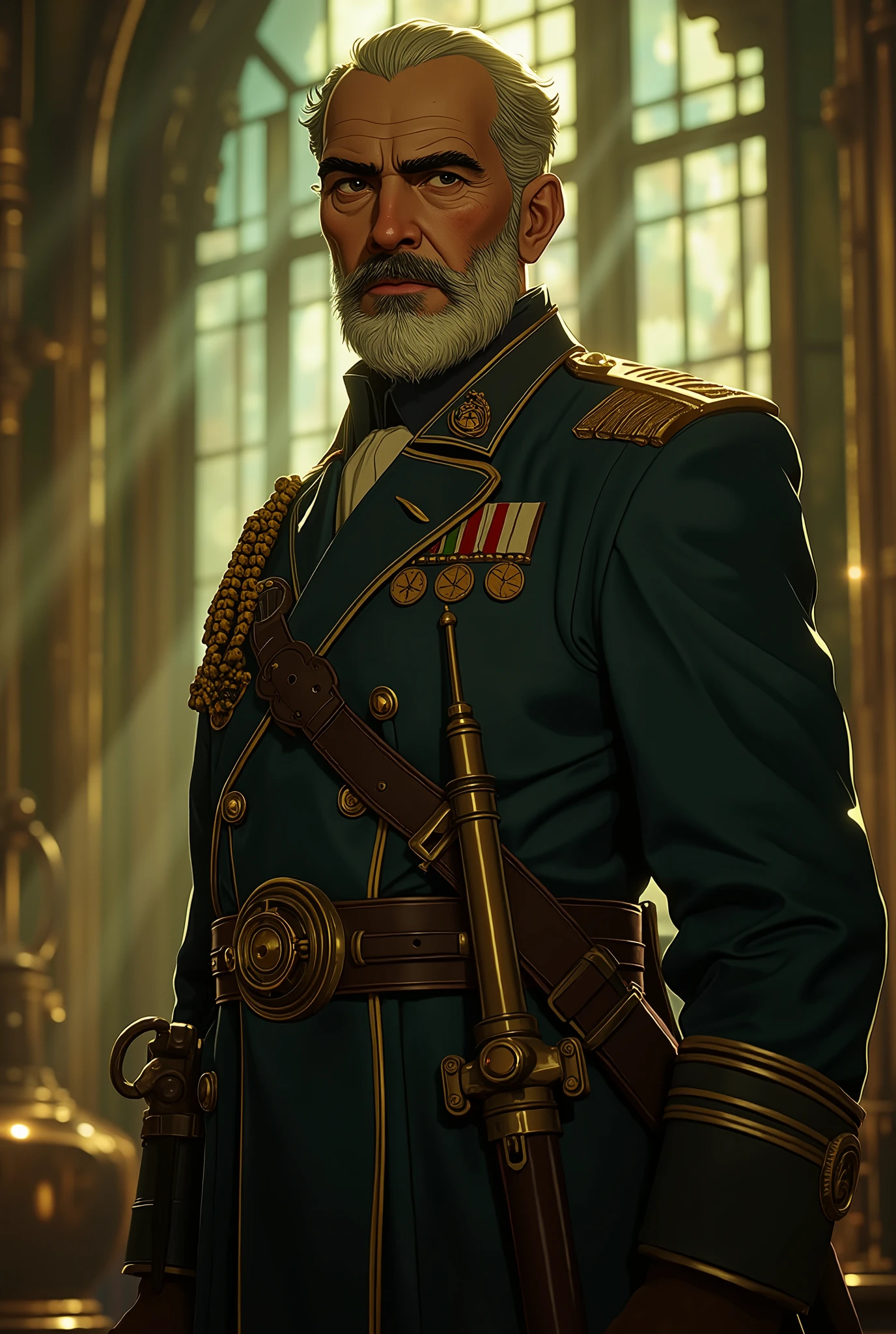 professional photo of grey bearded old actor Christopher Lee, bald, textured short caesar hair cut, perfect eyes, wearing blue European hussar outfit, (hussar, pelisse), moody, large depth of field, warhammer_40k_commissar, warhammer 40k commissar, deep depth of field, highly detailed, #commissar, standing, wearing sword on belt, ((full body)), d13s3lp2nk