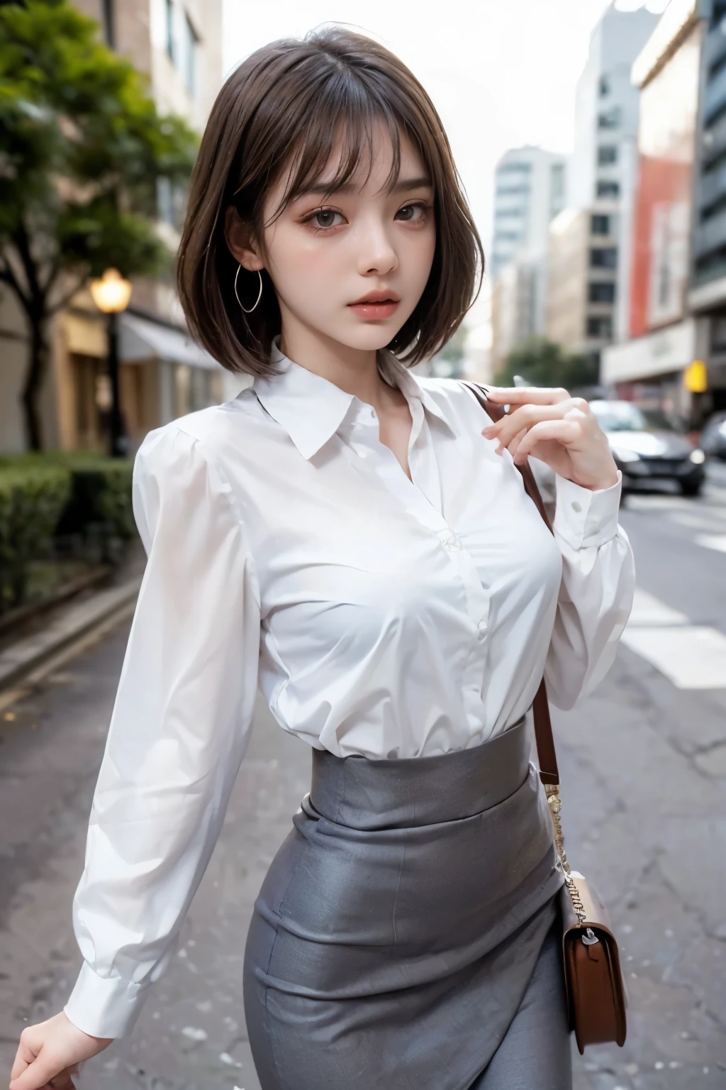 (Only 1 person)、 Beautiful Japanese、full body portrait、Japanese office girl、Sexual charm、（Lace bra）、(High heels)、Black short hair、Outstanding body、Standing、Blouse with a fluttering chest、Professional portrait photography、Beautiful legs、Full body photo、Walking、（mini skirt）、office Street、Large Breasts、Too much exposed skin、The blouse is see-through、The skirt is see-through and you can see the shorts.
