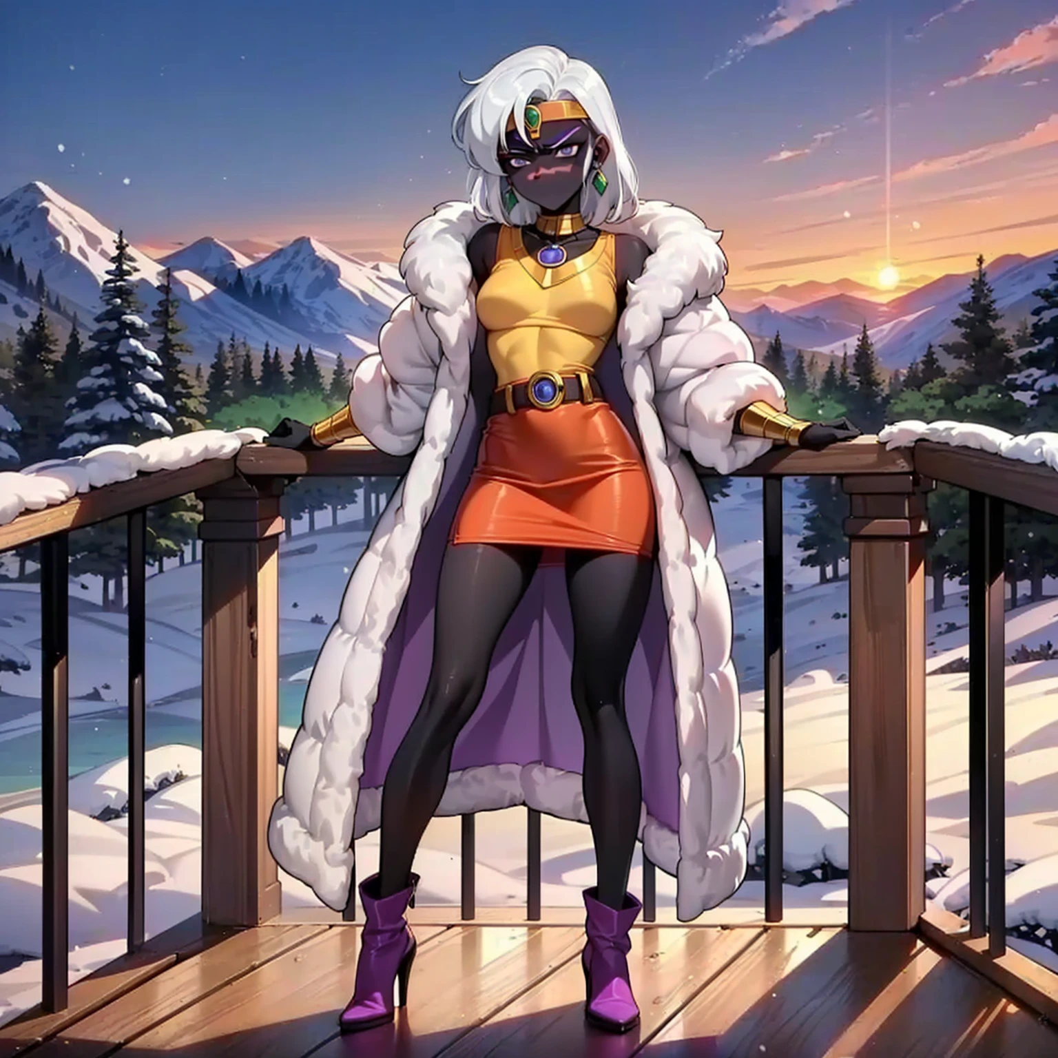  (((queentyr, colored skin, black skin, purple eyes, angry, white hair, long hair, circlet, neck ring, bracer, facial mark, (queen tyr'ahnee, black_skin, white_hair, purple_eyes), smug))),  ((warm clothes, overcoat, fur coat, yellow sweater, leather skirt, orange skirt, tights, pantyhose, high heel boots, mountainous environment, snow, sunny day, forest, tundra forest, xuer white fur coat, red lining, smug, belt, red lipstick)), ((viewpoint, balcony, sunset, fitness,, shapely body, athletic body, toned body, xuer white fur coat, jacaranda trees, jacaranda grove)), ((1girl, solo, gray hair, black eyes, short hair, woman, small bust, earrings))