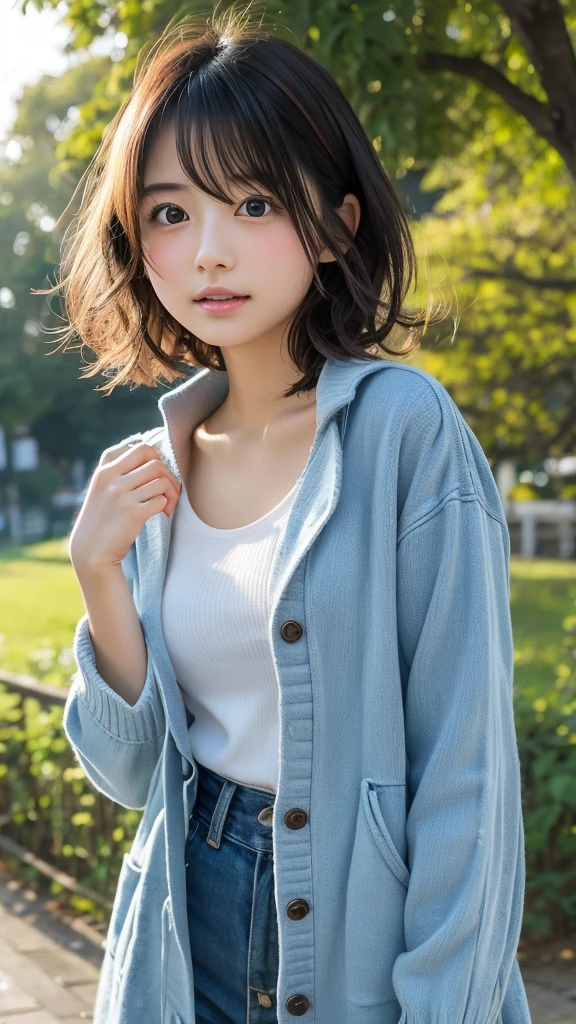 RAW shooting,最high quality, masterpiece, 超High resolution, (realistic:1.4), Raw photo, 1 girl,, short hair, (masterpiece, 最high quality, high quality, High resolution, Super detailed),brown hair, (Night lights:1.4), Cyberpunk attire、Layer Color、Clothes with many zippers、baggy clothes、White, pink, blue and yellow colored clothes