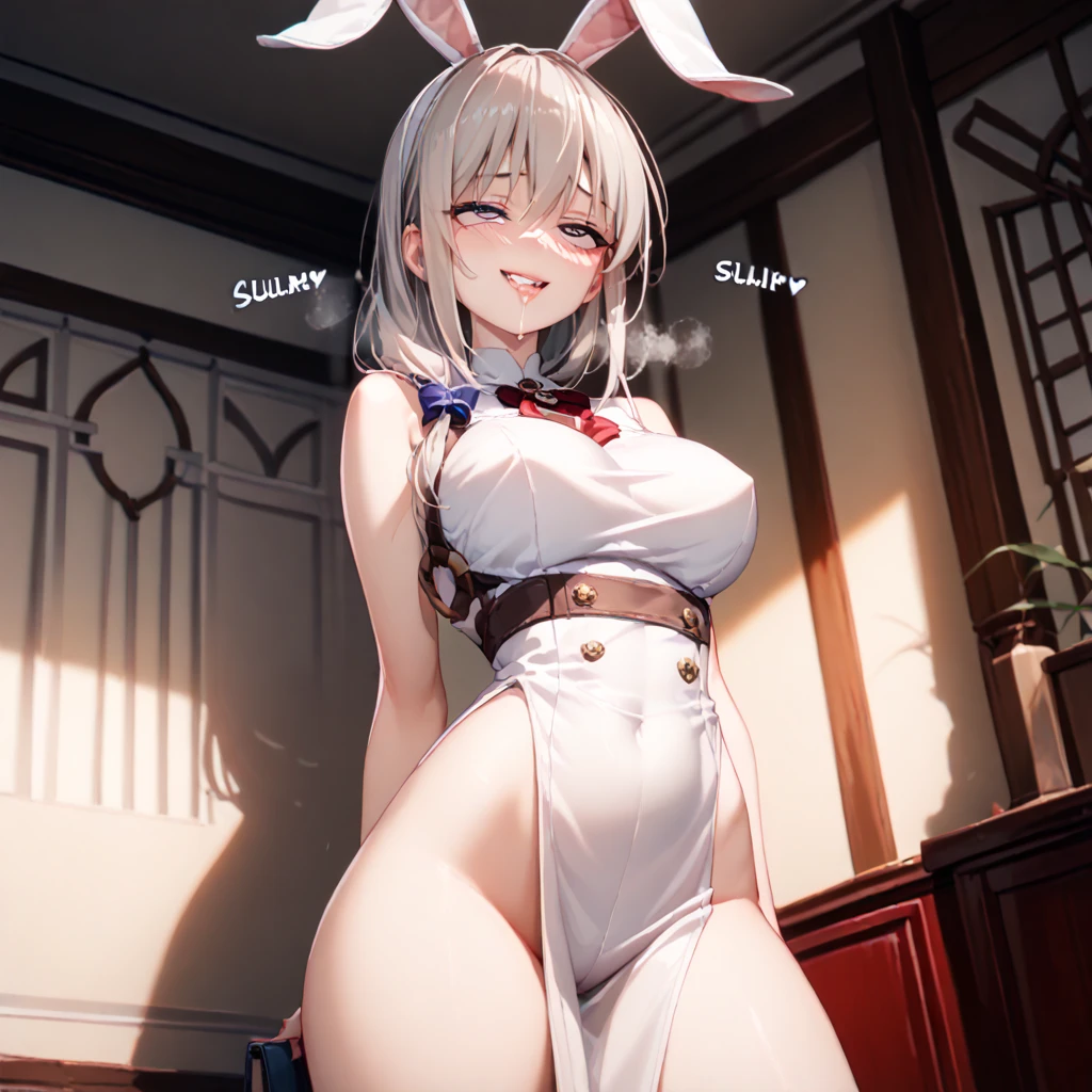 bunny girl + white hair + pink eyes + bunny white tail + big ass + big breast + black bunny suit