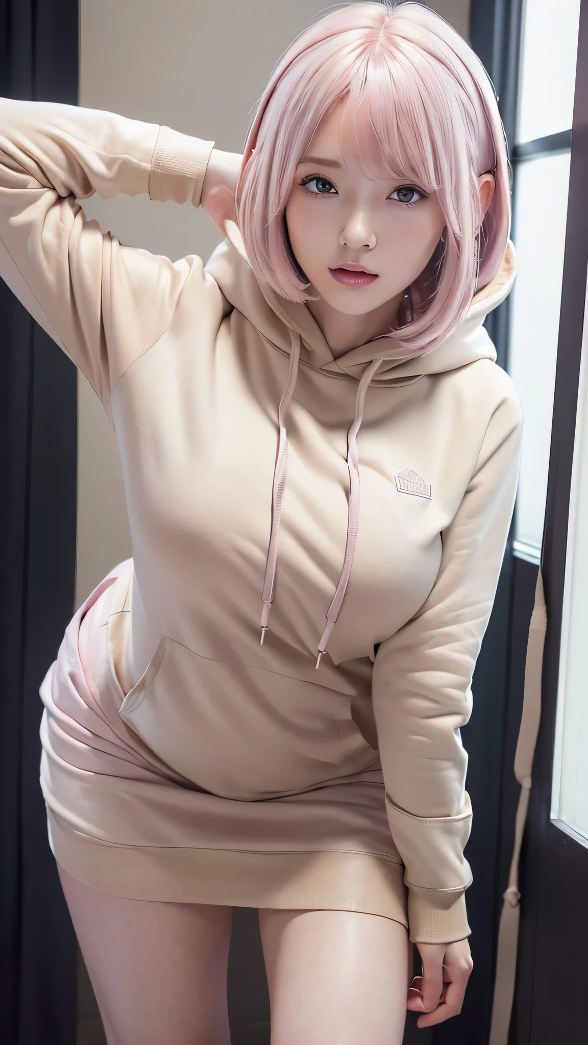 (Absard Dress:1.2),(masterpiece:1.6),(super high definition:1.4),(high quality:1.4),(最high quality:1.4),(beautiful big breasts:1.3),(beautiful face:1.3),(beautiful woman under hoodie:1.3),( pale pink hair :1.2),Medium Hairstyle, Moles Around Your Mouth, (sweat:1.1),(excited:1.2),(embarrassing:1.2),(:1),(close-up:1),(lean forward:1.2),( beige t-shirt :1.2),Beautiful Thighs, beautiful calves