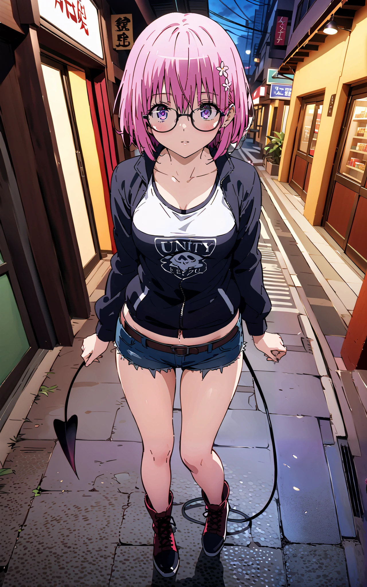 モモデbuildingケ, モモ・デbuildingーク, demon Tail, Hair Flower, hair ornaments close to the garden, purple eyes, pink hair, short hair, Medium breast,胸の谷間,Tail,riders jacket,tank top outside of anime,Underbomb,belly button sticking,Bare legs,denim micro shorts,glasses,shoes, Short Boots,standing,building,Nōn,night,full bodyがイラストに入るように,
break outdoors, Metropolis,
break looking at viewer,full body,
break (masterpiece:1.2),Highest quality , kampala, Unity 8K Wallpaper ,(shape:0.8),( fine, beautiful eyes :1.6),It's a person ,full body写真,CG Details , (perfect hands, complete anatomy),